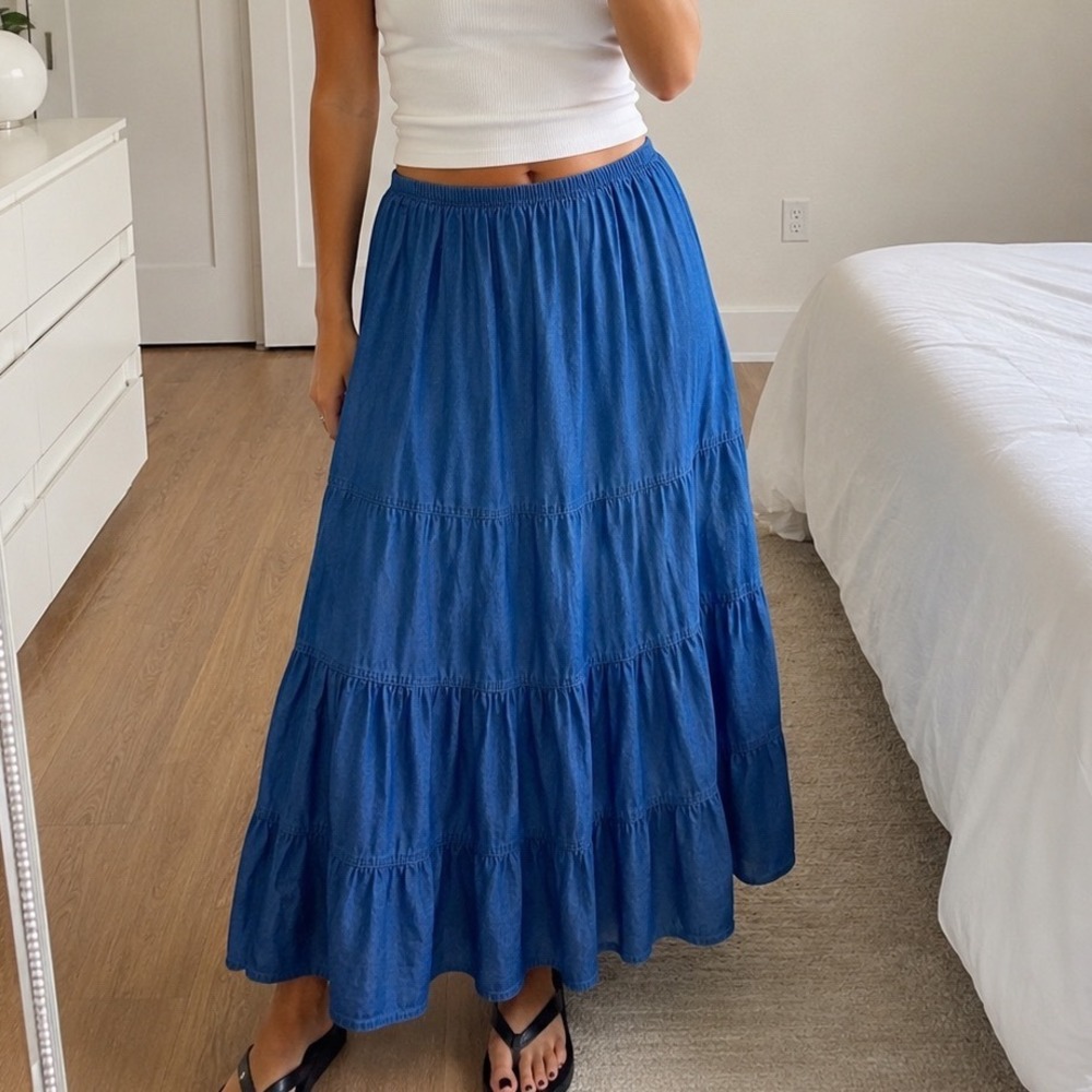 Vtg Denim Maxi Skirt Medium Blue Tiered Elastic Waist Cotton M cottage Prairie